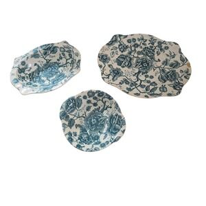Johnson Bros English Chippendale Blue White Floral Platter & Bowls 3pc Set